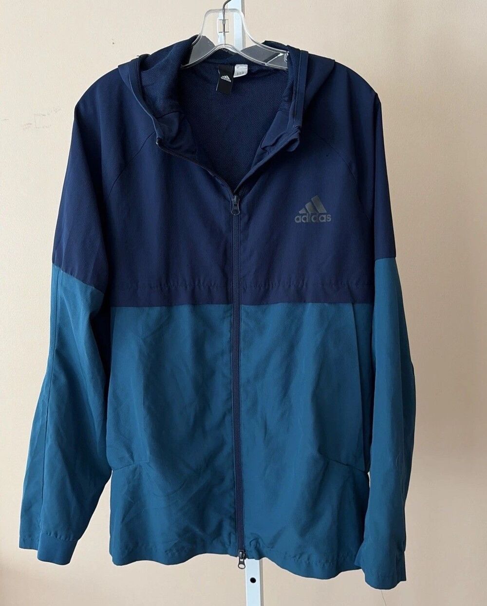 Adidas Full Zip Jacket Windbreaker Blue Teal Large Hood Pocket Logo Sporty